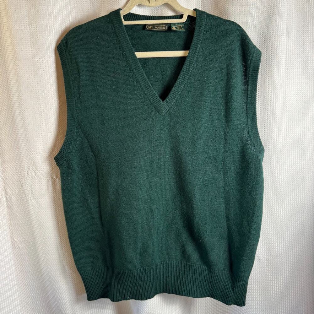 Neil Martin Mens Vest Forrest Green Sz L 100% Lambswool Knit Wool Pull Over EUC